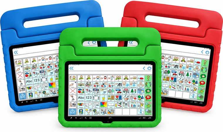 Drei Tablet-Schutzhüllen in Blau, Grün und Rot mit Kommunikationsoberfläche