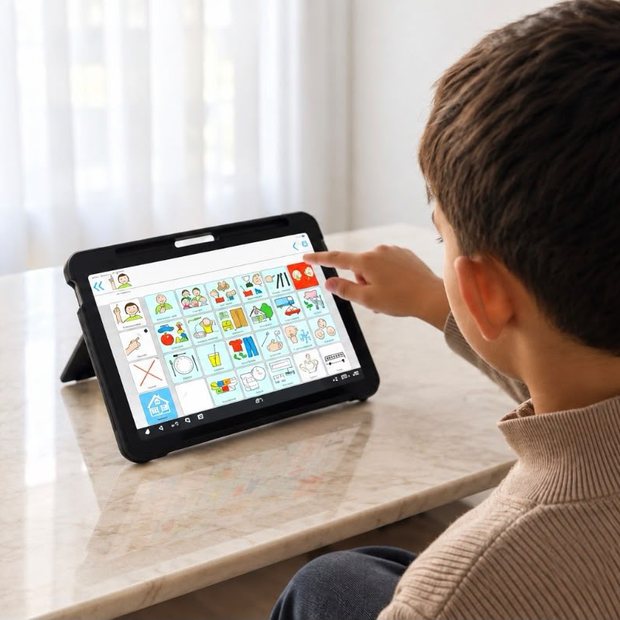 Kind bedient ein AssistivPad mit symbolbasierter Kommunikationsoberfläche
