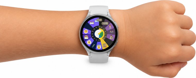 Zeitkompass Watch am Handgelenk eines Kindes mit farbigem Tagesplan
